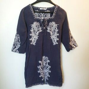 Monoreno Blue Chambray Denim Embroidered Boho Chic Shirt Dress Tunic Women M